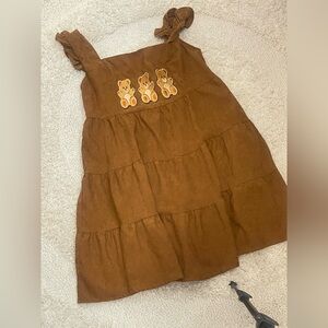 Brown Tiered Cotton Kids Dress with Teddy Appliqués